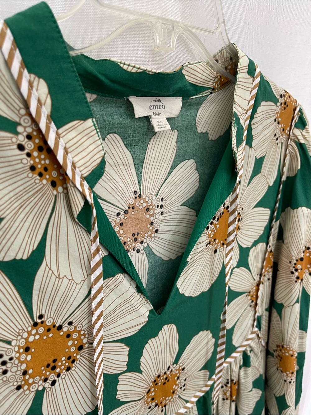 entro Green Floral V-Neck Lined Dress with Cream & Mustard Blooms